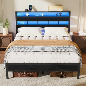 Furnulem Full  and Queen Bed Frame with Storage Headboard and LED Lights, Metal Bedframe with Charging Station and USB Port, No Box Spring Needed - 1 of 4