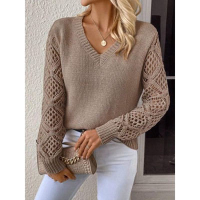 Coolmee Women's Sweaters Casual Long Sleeve V Neck Lightweight Crochet Pullover Sweater Tops