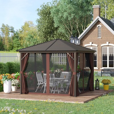 Outsunny 10x10 Dark Brown Aluminum and Steel Hardtop Gazebo with Curtains