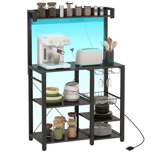 HOMCOM Kitchen Bakers Rack with Power Outlet and LED Lights, Microwave Stand, Coffee Bar with Metal Basket, Multiple Shelves and Glass Holders - image 1 of 4