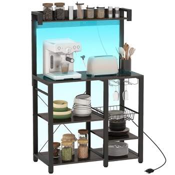 HOMCOM Kitchen Bakers Rack with Power Outlet and LED Lights, Microwave Stand, Coffee Bar with Metal Basket, Multiple Shelves and Glass Holders