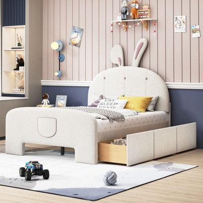 CAVINAS Full Bed Frame with Rabbit-Shaped Headboard, Drawers and Bed-End Storage Pocket,Twin Bed Frames For Kids，Easy Assembly