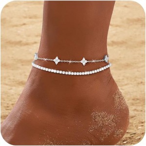 Gold Anklets for Women CZ Ankle Bracelet 14K Gold/Silver Plated Waterproof Dainty Layered - 1 of 4