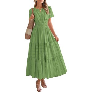 Women's 2025 Summer Casual Midi & Maxi Dress - Lightweight V-Neck Boho Beach Dress with Elastic Waist & Pockets Green - 1 of 4
