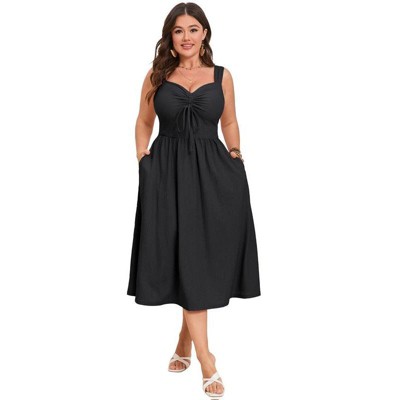 Coolmee Plus Size Summer Dress for Women Sleeveless Spaghetti Strap V Neck Tie Front A Line Casual Beach Midi Dress