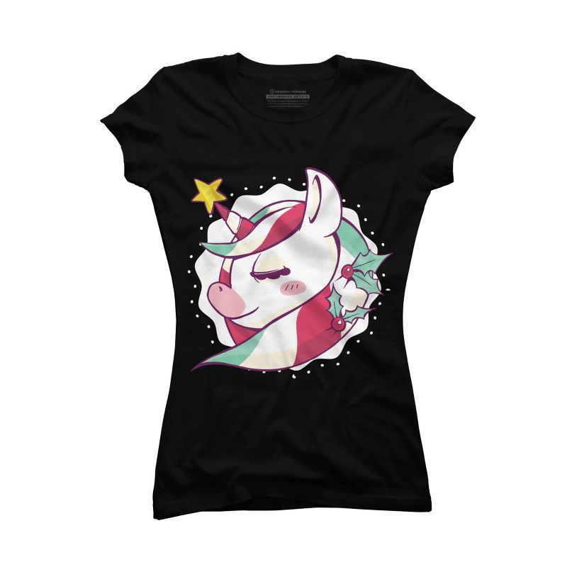 Junior's Design By Humans Striped Christmas Unicorn By rasok T-Shirt, 1 of 4