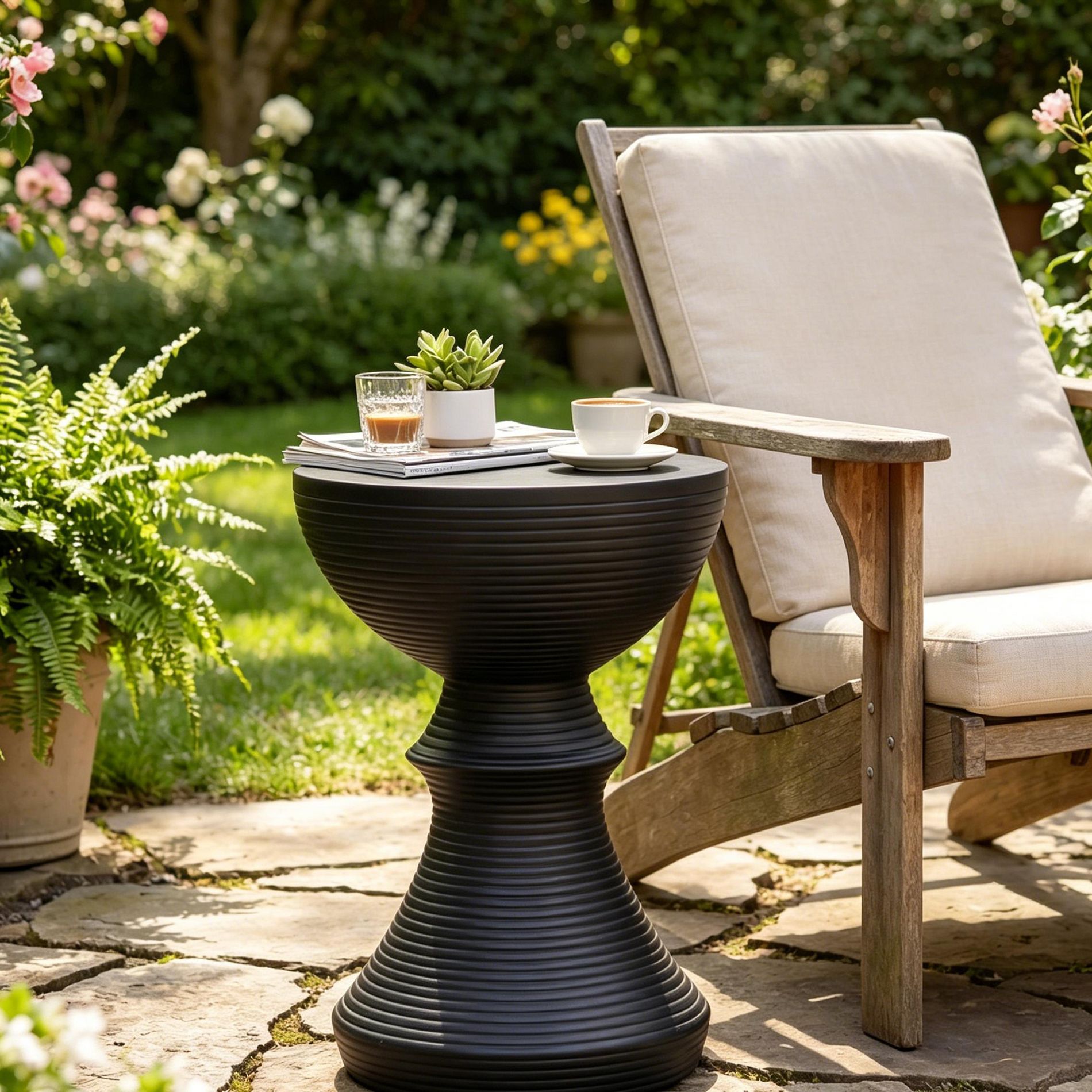 ModernLuxe 16" Modern End Table Ribbed Concrete Outdoor Side Table, Hourglass Patio Accent Table, Black