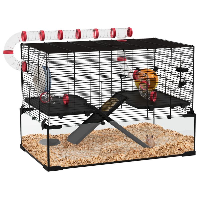 PawHut 31" Hamster Cage with Tube Tunnel, Rat Gerbil Cage w/ Deep Glass Bottom, Water Bottle, Food Dish, Exercise Wheel, Ramps, 1 of 7