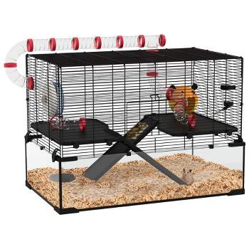 PawHut 31" Hamster Cage with Tube Tunnel, Rat Gerbil Cage w/ Deep Glass Bottom, Water Bottle, Food Dish, Exercise Wheel, Ramps