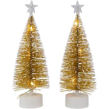 Northlight Set of 2 LED Pre-Lit Gold Mini Bottle Brush Pine Christmas Village Trees