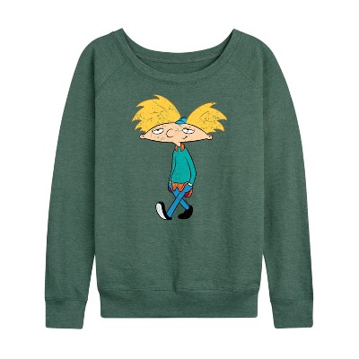 Women's - Hey Arnold! - Distressed Arnold Lightweight French Terry Wide Neck Long Sleeve Shirt