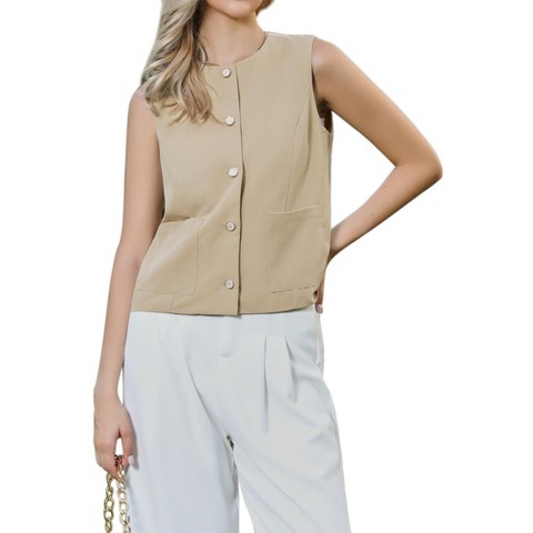INSPIRE CHIC Women's Sleeveless Button Down Crew Neck Trendy Business Casual Waistcoat Large Khaki