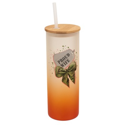 Elanze Designs 25 Ounce Frosted Glass Gradient Travel Tumbler With Straw and Wooden Lid, Proud Wife Military Bow Orange