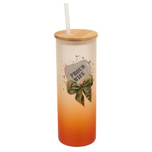 Elanze Designs 25 Ounce Frosted Glass Gradient Travel Tumbler With Straw and Wooden Lid, Proud Wife Military Bow Orange - 1 of 1