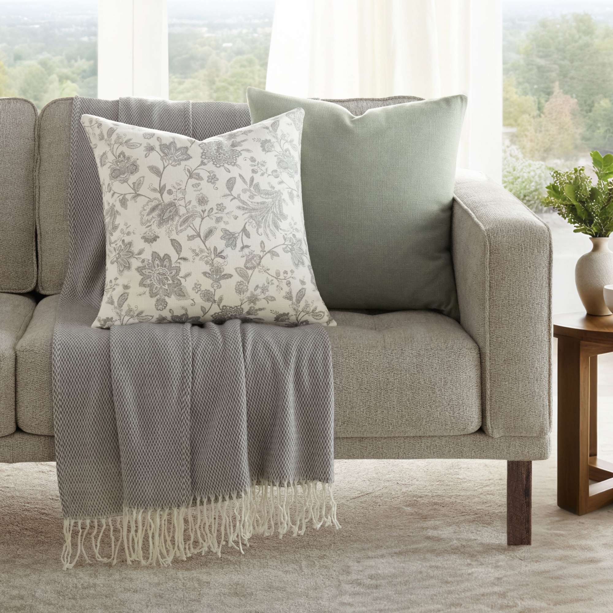 2-Pack Cotton Slub Gray Jacobean Throw Pillows and Pillow Inserts Set - Becky Cameron, Jacobean Gray, 20 x 20