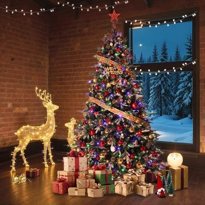 GustoWave Flocked Christmas Tree with Pine Cones,8 Modes, Automatic Hinged Expansion,PE & PVC Pencil Xmas Trees for Porch,  Frosted Green