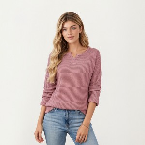 Anna-Kaci Women's Long Sleeve Textured Knit Pullover Top with Split Neck and Relaxed Fit - 1 of 4