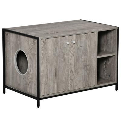 PawHut Wooden Cat Litter Box Enclosure, Multipurpose Anti-Tracking Pet Kitten House, Indoor End Table with Double Doors & Storage Shelves