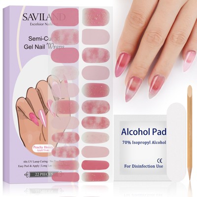 Saviland Women's 22pcs Semi-Cured Gel Nail Strips Kit - Glossy & Long-Lasting with Tools.(Sweet Peach Series)