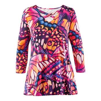 Collections Etc Abstract Butterflies X-Neckline 3/4 Length Sleeve Tunic