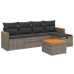 vidaXL 6 Piece Patio Sofa Set with Cushions Gray Poly Rattan - without storage 6 Piece Set - 1 of 4
