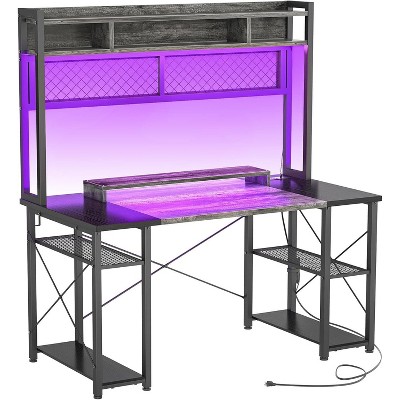 Aheaplus Computer Desk with Hutch, Reversible Gaming Desk with Power outlet and LED Light, Workstation Desk with Monitor Stand