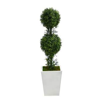 3.5" Indoor/Outdoor Boxwood Double Ball Topiary Artificial Tree in Metal Planter White/Green - Nearly Natural