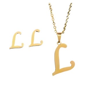 Initial Letter Pendant Necklace Earrings Set for Women Gold Plated Stainless Steel by Ginger Lyne - 1 of 4