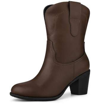 Allegra K Women's Classic Slip on Round Toe Block Heel Cowboy Boots