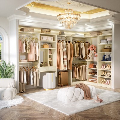 Aheaplus 131'' - 156'' Corner Closet Organizer with Makeup Vanity, Closet System with Shoe Rack and Tower Shelves