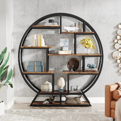 Hommoo 63 Inch Industrial Round Bookshelf with Staggered Shelves