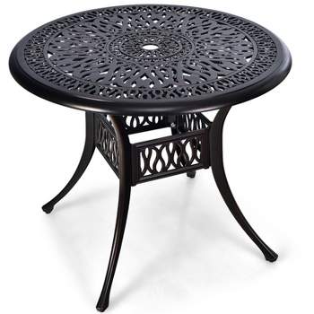 Tangkula 36" Outdoor Dining Table Round Cast Aluminum Patio Dining Table with Umbrella Hole and Adjustable Non-Slip Foot Pads