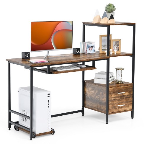 Computer Desk with Drawers, Wood Home Office Writing Desk with Storage  Shelf for Home Office, Rustic Brown