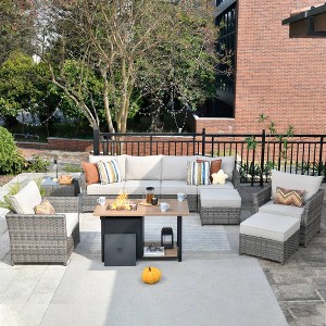Tenaya 10pc Wicker Outdoor Patio Furniture Set Conversation Sofa with a Storage Fire Pit and Cushions - 1 of 4