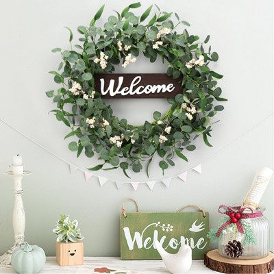 Summer Wreaths for Front Door, 20 inch Green Eucalyptus Wreaths with White Berries and Welcome Sign