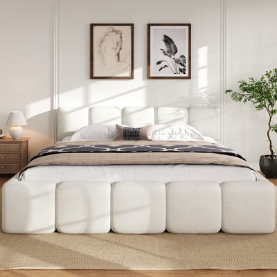 Upholstered Platform Bed with Thick Headboard, Boucle Fabric Grounded Frame Bed for Bedroom-Baofuwish