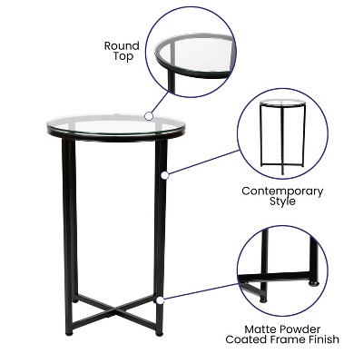 Round Clear Glass End Table with Matte Black Metal Frame
