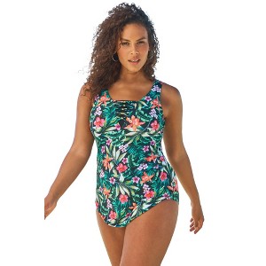 Swim 365 Women's Plus Size Sarong-Front Swimsuit - 1 of 4