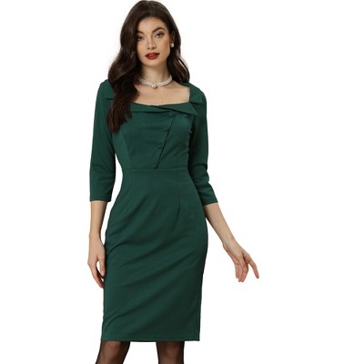 Allegra K Women's Square Neck 3/4 Sleeve High Waist Elegant Dress