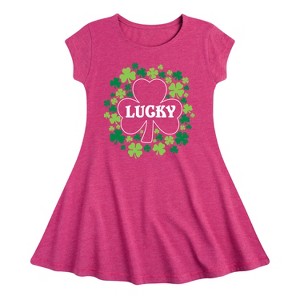 Girls' - Instant Message - St. Patrick's Day Lucky Shamrocks Filled Fit & Flair Cap Sleeve Dress - 1 of 2