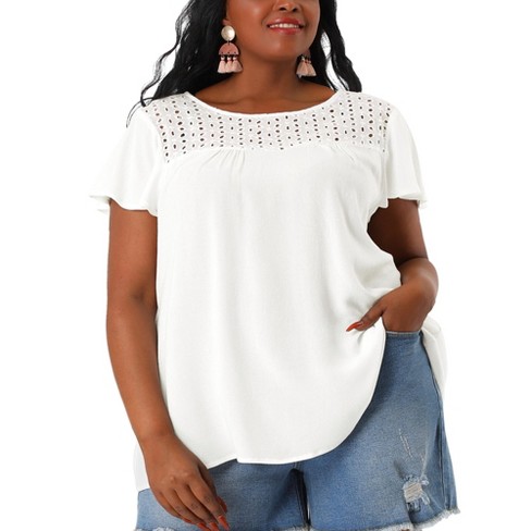 Agnes Orinda Women's Plus Size Blouse Round Neck Embroidered Front Yoke  Eyelet Ruffle Blouses : Target