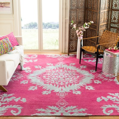 Fuchsia and White Hand-Knotted Wool Silk 8' x 10' Area Rug