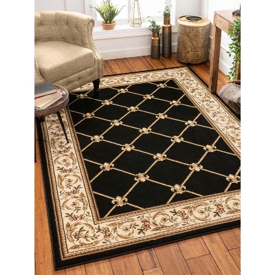 Black and Beige Floral Medallion Synthetic Area Rug