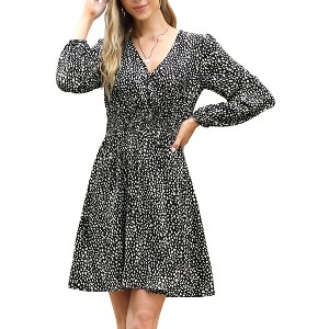 Coolmee Women's Casual Midi Dress Leopard Print Long Sleeve V-Neck Elastic Waist Dress - 1 of 4