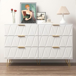Resenkos Wood 6 Drawer Double Dresser for Bedroom, Chest of Drawers for Closet, Living Room, Hallway, Nursery, White&Gold - 1 of 4
