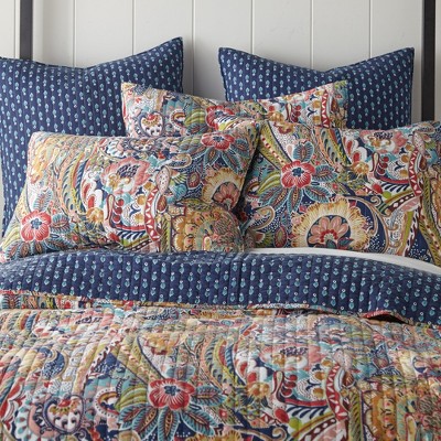 Navy and Multicolor Cotton King Reversible Quilt Set