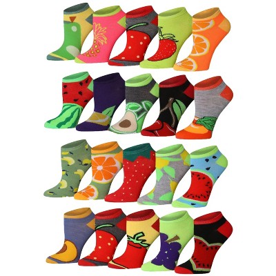 Tipi Toe Women's 20 Pairs Colorful Red Dark Colored Seed Fruity Patterned Low Cut Socks