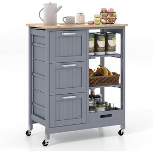 Tangkula Kitchen Island Cart on Wheels w/Rubber Wood Top 3 Storage Drawers & 2 Removable Shelves & Removable Tray Lockable Casters Grey - 1 of 4