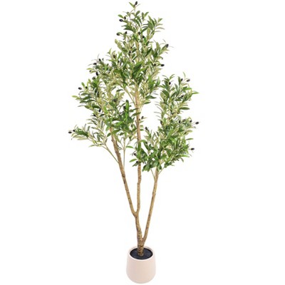 Swtroom 7FT Tall Artificial Olive Tree for Home Office Decor, With White Tall Planter, Artificial Plants with Natural Wood Trunk and Lifelike Fruits