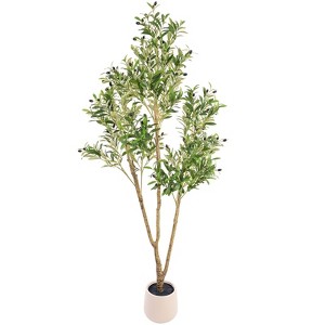 Swtroom 7FT Tall Artificial Olive Tree for Home Office Decor, With White Tall Planter, Artificial Plants with Natural Wood Trunk and Lifelike Fruits - 1 of 4